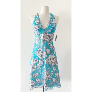 Vintage NWT ABS Silk Aqua Blue Floral Halter Cocktail Summer Dress Size 2